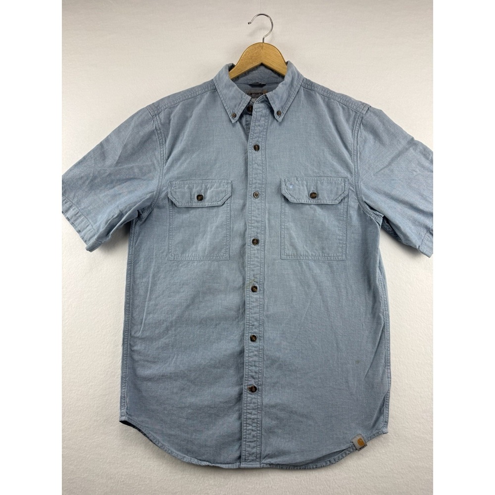 Carhartt Mens Medium Relaxed Fit Button Down Work Shirt Blue‎ Short Sleeve